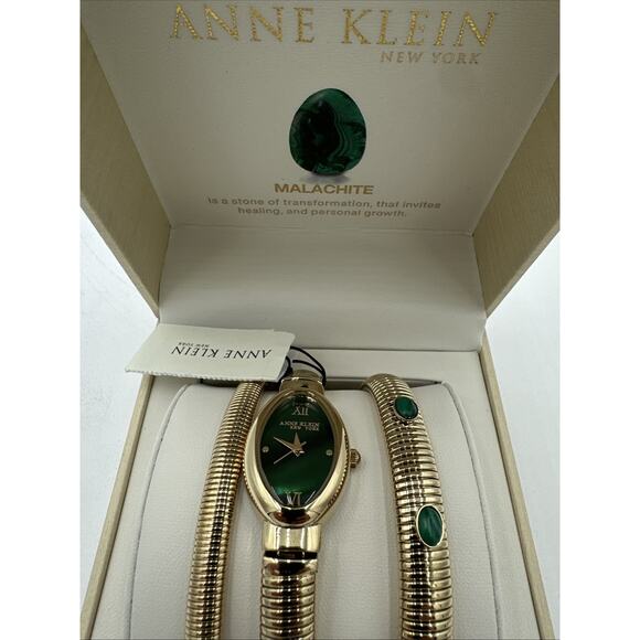 Anne Klein New York Ladies Green Malachite Bracelet And Watch Set - Picture 2 of 6